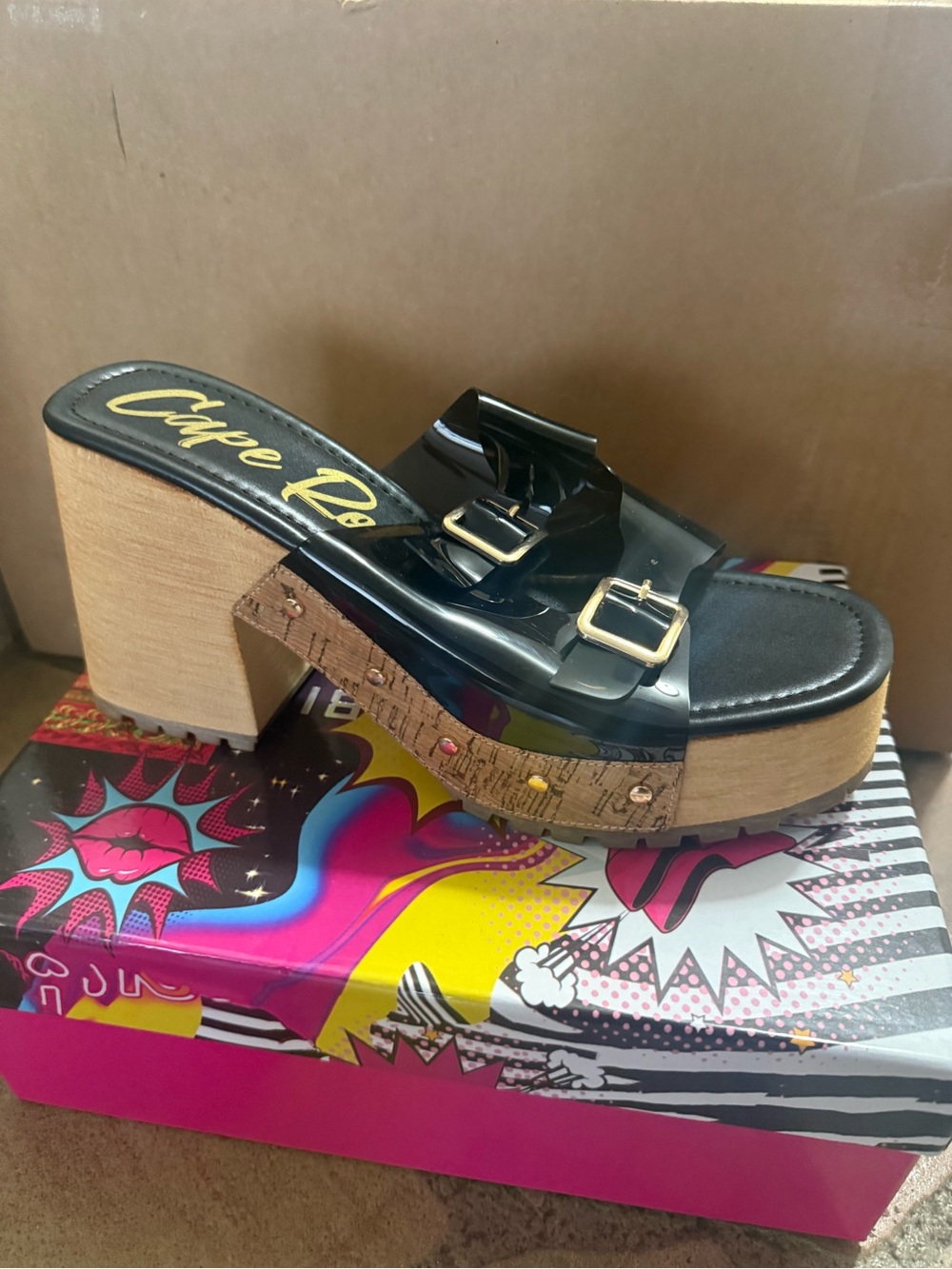 Cape Robbin Black Clear Buckle Cork Platform Mules